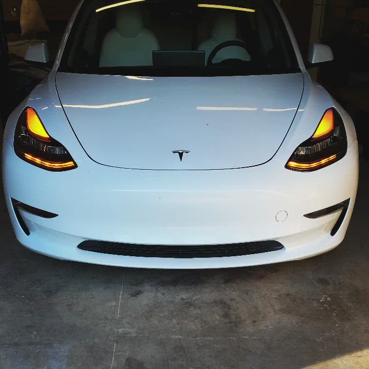 2017-2022+ (Non-Matrix) Tesla Model 3/Y Ludicrous Series V2 White/Amber Headlights (Blacked Out)