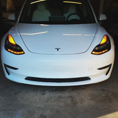 2017-2022+ (Non-Matrix) Tesla Model 3/Y Ludicrous Series V2 White/Amber Headlights (Blacked Out)