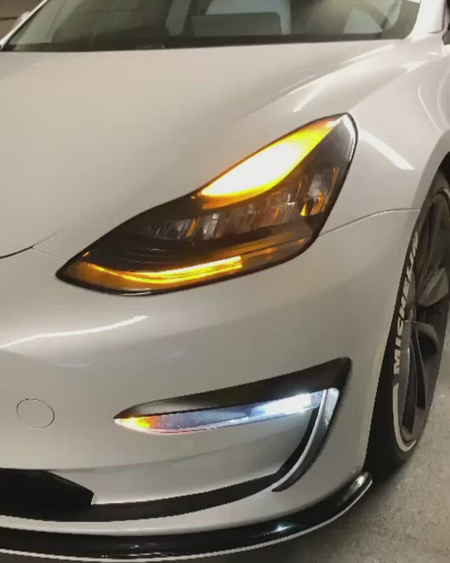2017-2022+ (Non-Matrix) Tesla Model 3/Y Ludicrous Series V2 White/Amber Headlights (Blacked Out)