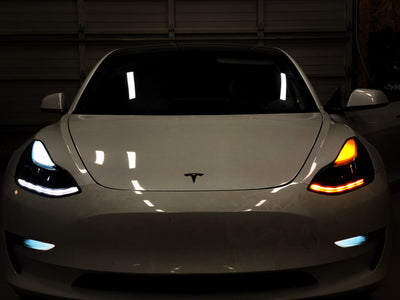 2017-2022+ (Non-Matrix) Tesla Model 3/Y Ludicrous Series V2 White/Amber Headlights (Blacked Out)